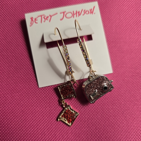 Betsey Johnson Gold-Tone Drop Earrings with Red & Pink Glitter Charms - Picture 2 of 14